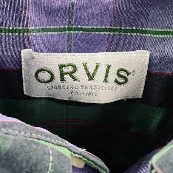 Orvis Mens Shirt Large Green Purple Plaid 100% Cotton Button Front Shirt Pockets - Picture 4 of 8